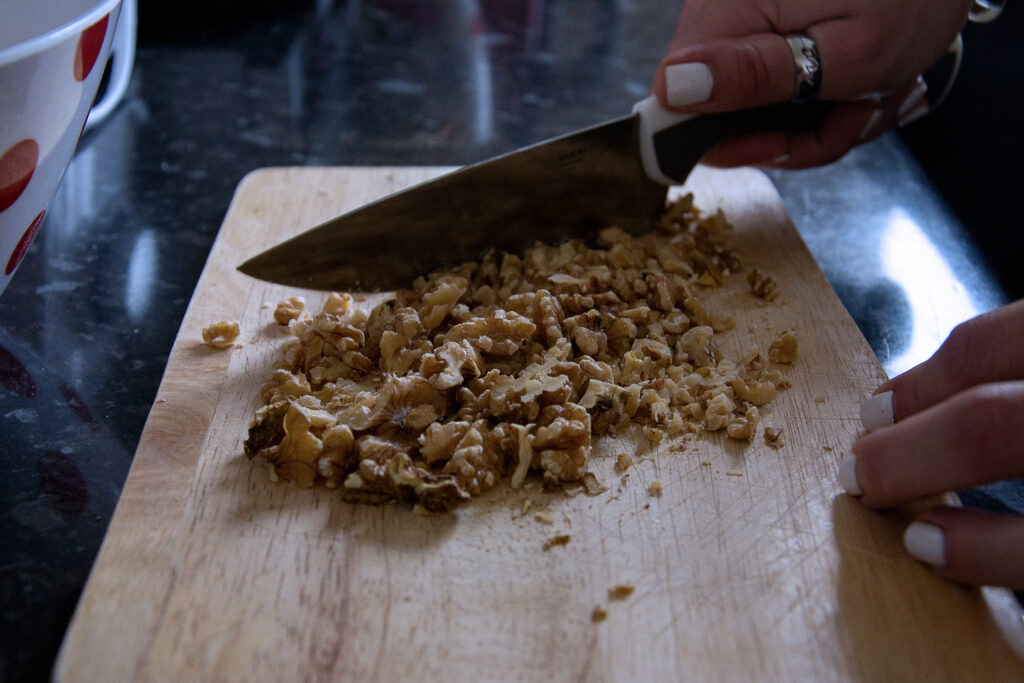 2. If you do not have already chopped walnuts, now is the time to chop them