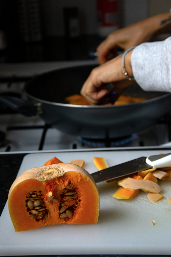 Cut the pumpkin in small pieces and cook them in water until get smooth