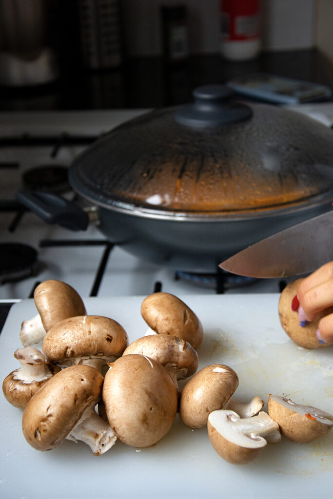 Cut the mushrooms and cook them in the pan